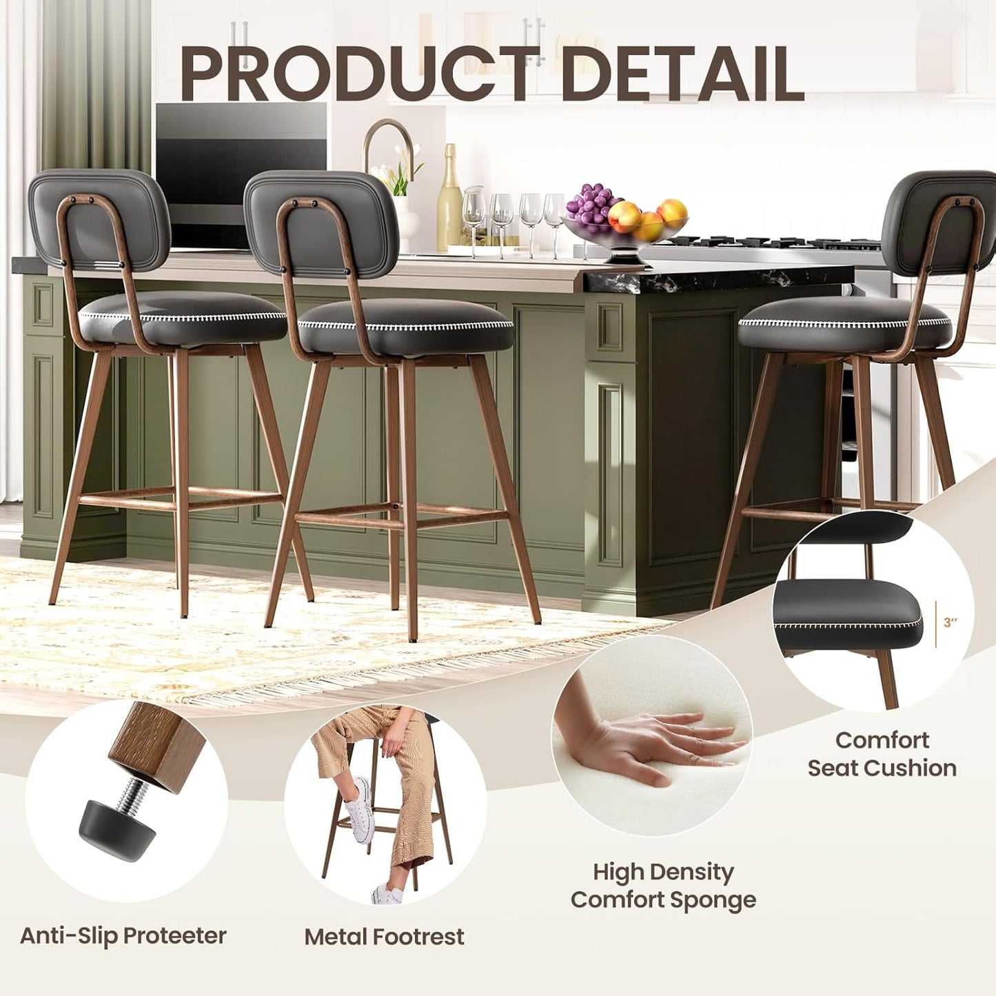 Swivel Bar Stools Set of 4, Mid Century PU Leather Counter Height Bar Chairs with Low Back and Metal Legs, Modern Bar Stool Chair for Kitchen Island, Black