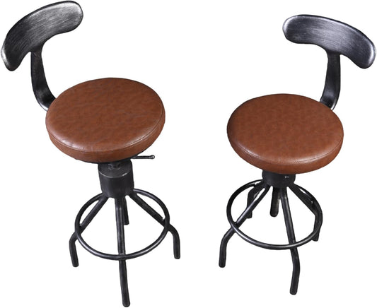 LOKKHAN Set of 2 Industrial Leather Bar Stools-Adjustable Swivel Metal Bar Stool-24-30 Inch Tall Seat Height Counter Height to Bar Height-Kitchen Stool Dining Chair,Cafe Stools with with Backrest