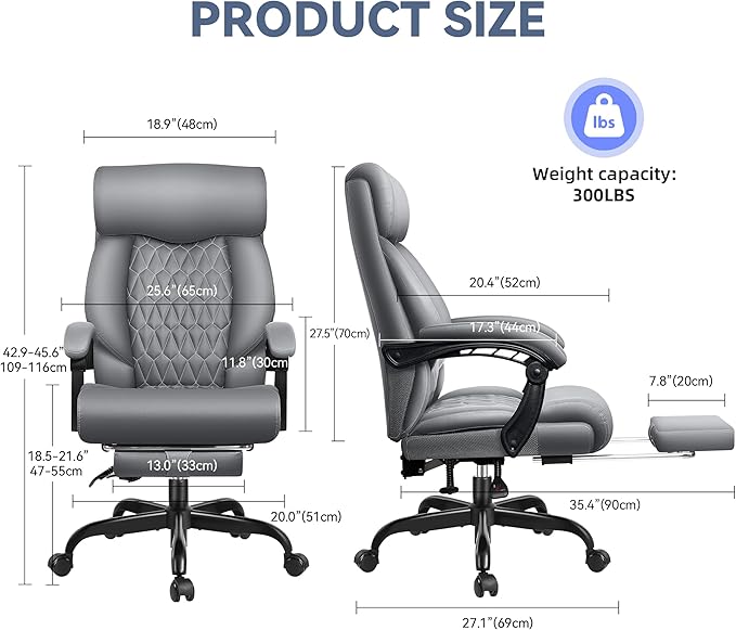 Office Chair, Big and Tall Office Desk Chair, Reclining Office Chair with Footrest Home Office Desk Chairs, High Back Ergonomic with Lumbar Support, Executive Leather