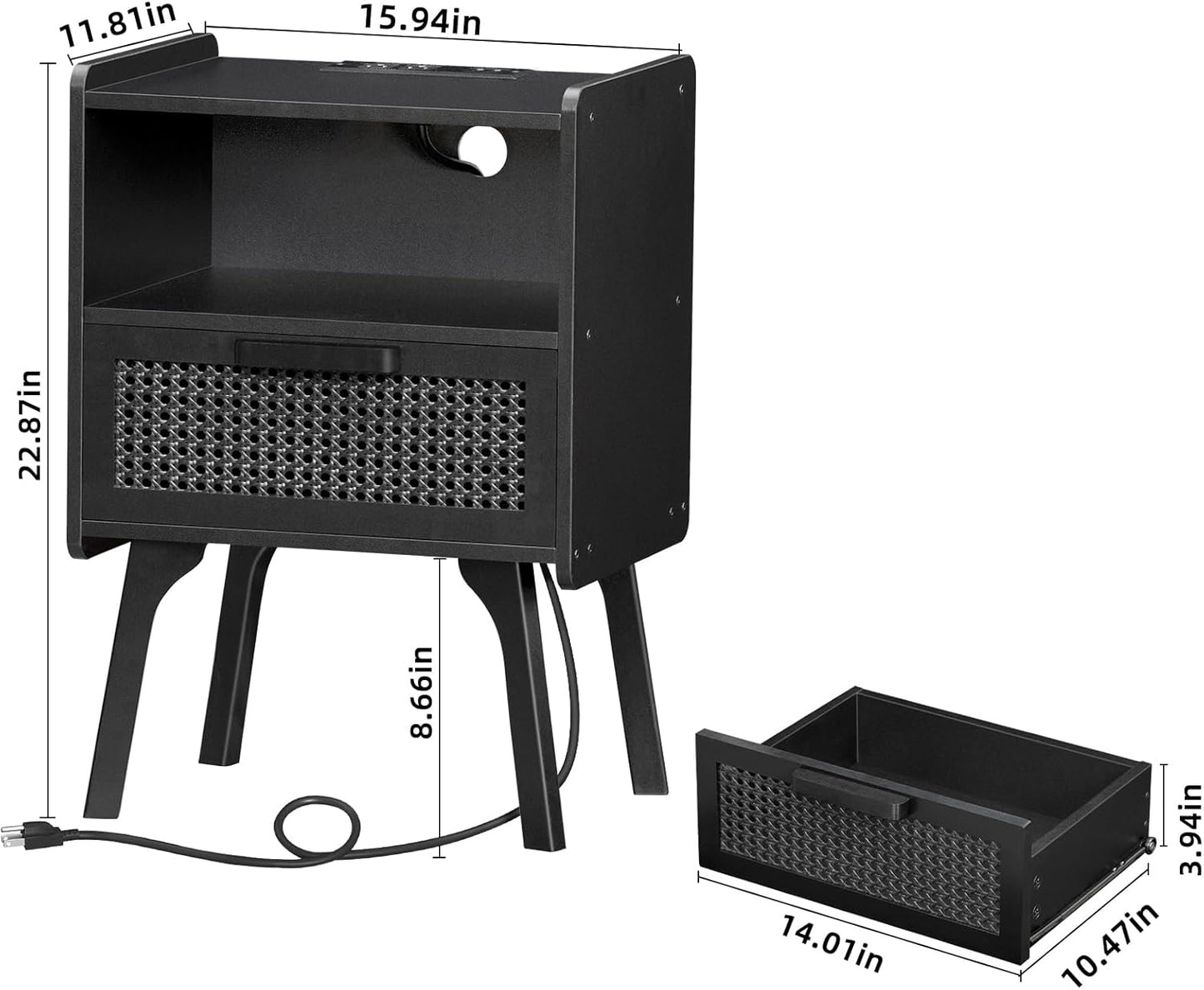 Lerliuo Rattan Nightstands Set of 2 with Charging Station, Boho Side Table with Drawer Open Shelf, Cane Accent Bedside End Table with Solid Wood Legs for Bedroom, Dorm and Small Spaces (Black)