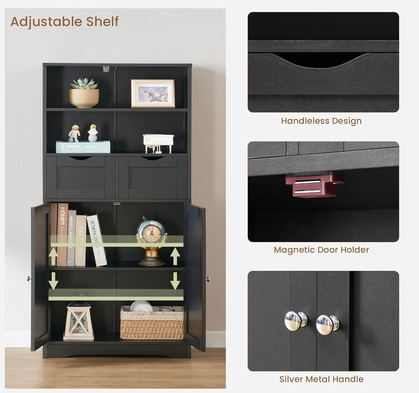 Iwell Tall Storage Cabinet, Black Storage Cabinet with 2 Drawers & Adjustable Shelves, Bathroom Cabinet for Living Room, Dining Room, Entryway, Black