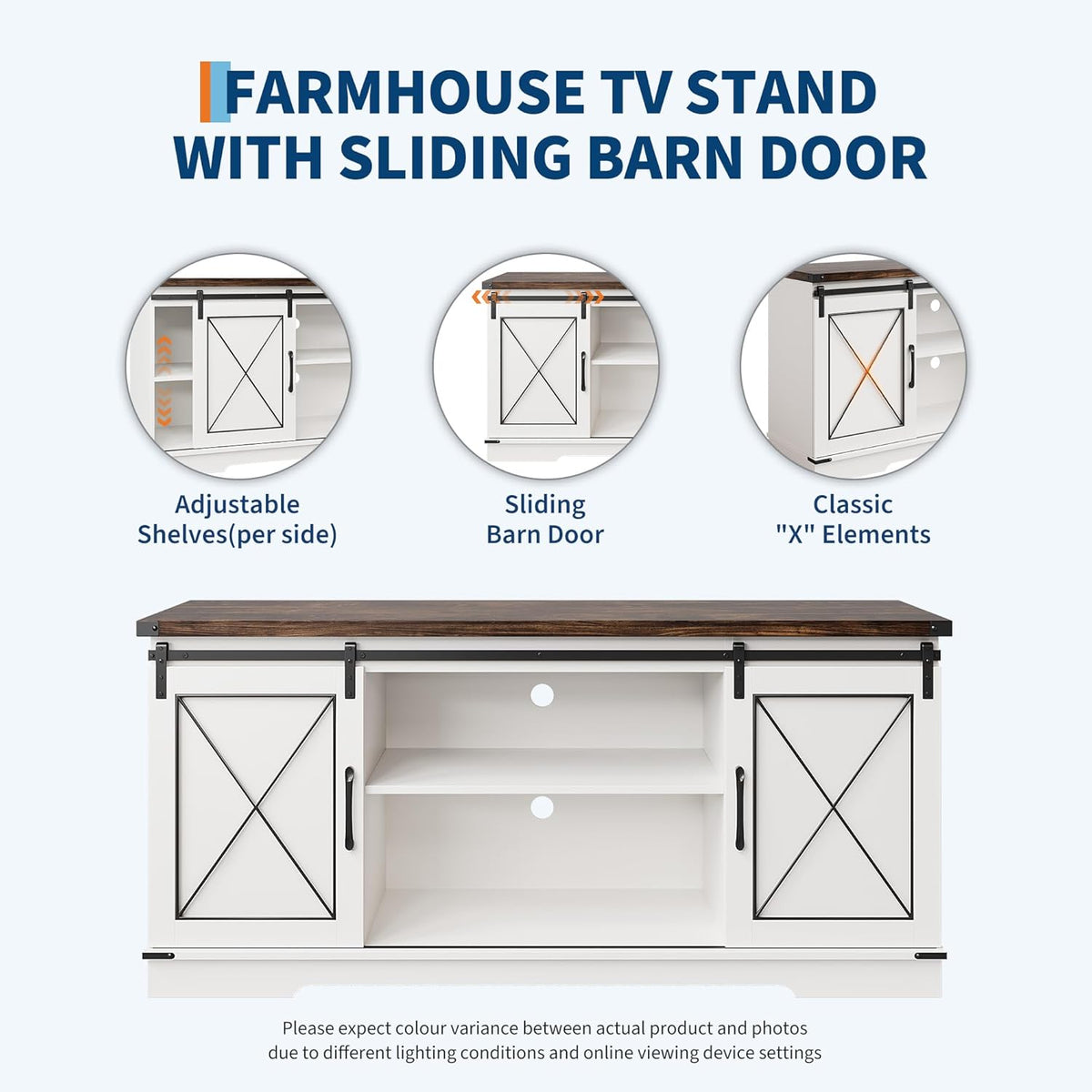 IDEALHOUSE Farmhouse TV Stand and Entertainment Center for Tv up to 65 inches with Sliding Barn Doors, Tv Media Console Table with Storage Cabinet for Living Room, White & Brown