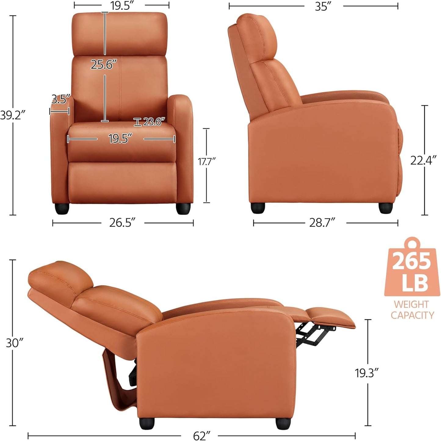 Yaheetech Recliner Chair PU Leather Recliner Sofa Home Theater Seating with Lumbar Support Overstuffed High-Density Sponge Push Tan Recliners