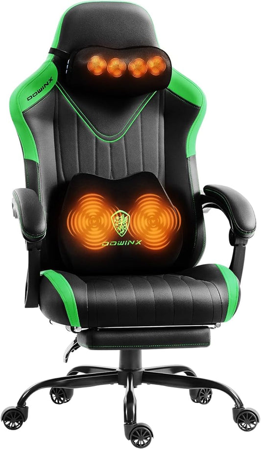 Dowinx Gaming Video Gaming Chair with Shiatsu Neck Massage and Lumbar Support for Home Office High Back Recliner Height Adjustable Ergonomic Comfy Leather Computer Desk Chair (Green)