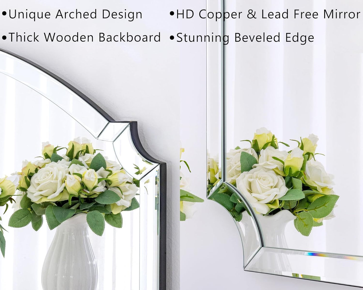 Chende Large Arched Wall Mirror with Glass Beveled Frame&Wood Backboard, 31.5" X 47.2" Horizontal Decorative Mirror Scalloped Corner for Bathroom, Living Room, Entryway, Bedroom