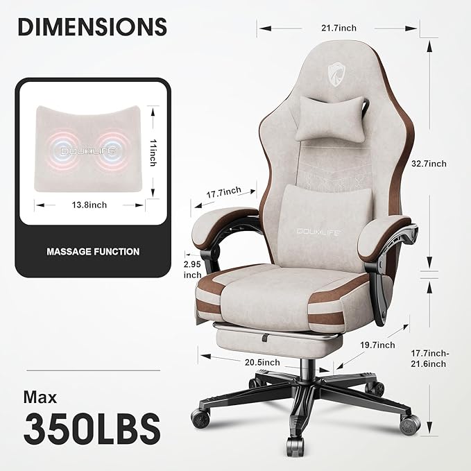 Gaming Chair, Fabric Computer Office Chair with Massage, Ergonomic Chair with Footrest Lumbar Support, Pocket Spring Widened Cushion Metal Legs 350LBS Beige