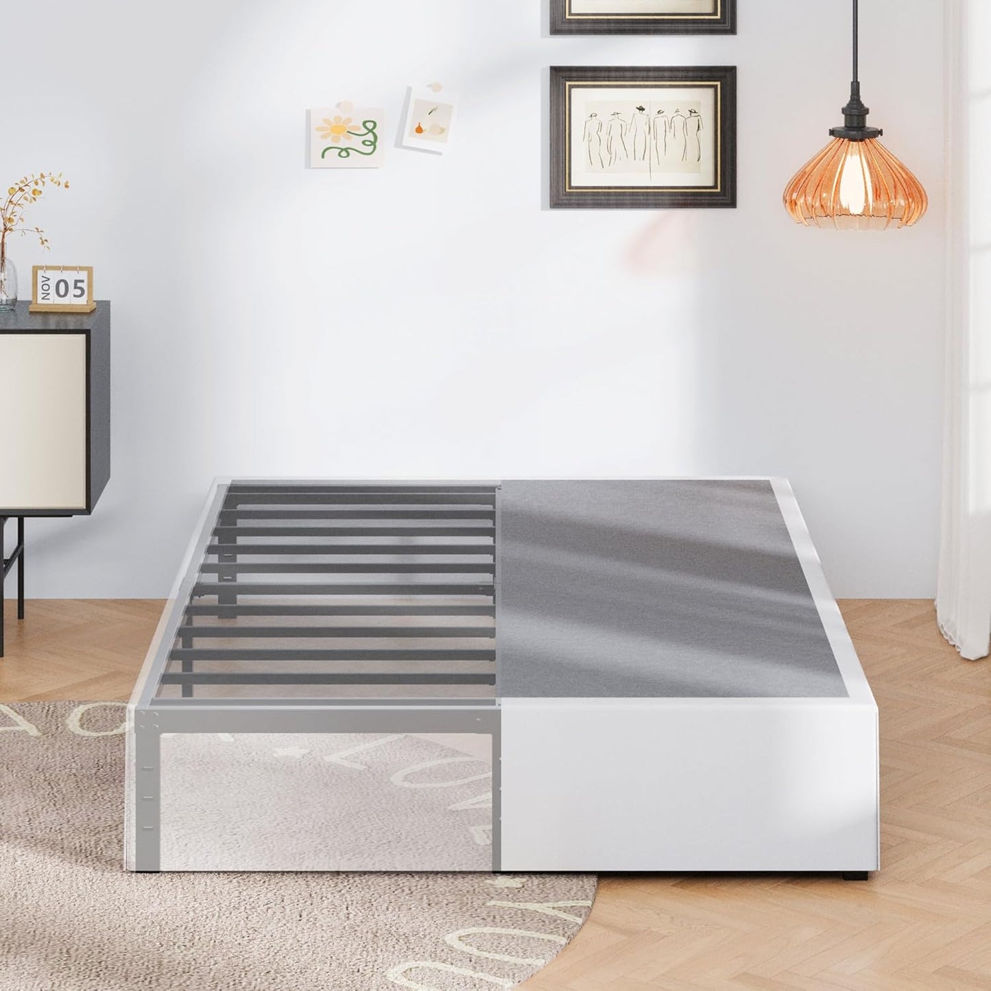 16 Inch King Size Bed Frame with White Skirt Cover, Metal King Bed Frame with Storage, No Box Spring Needed, Heavy Duty, Easy Assembly, Noise Free, Mattress Foundation