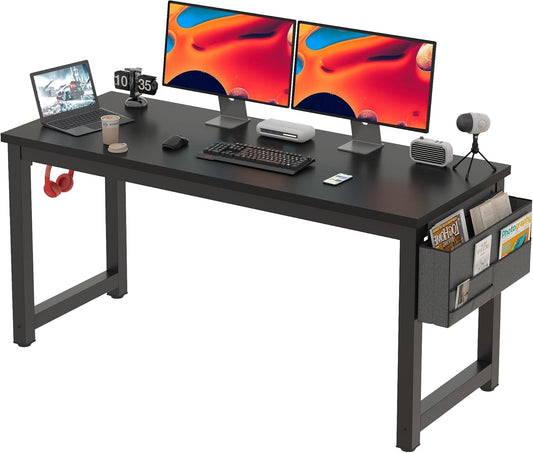 Large Computer Desk - 63 Inch Home Office Desks Study Student Writing Table Gaming Desk Wood Modern Simple Table with Storage Bag & Headphone Hooks, Black