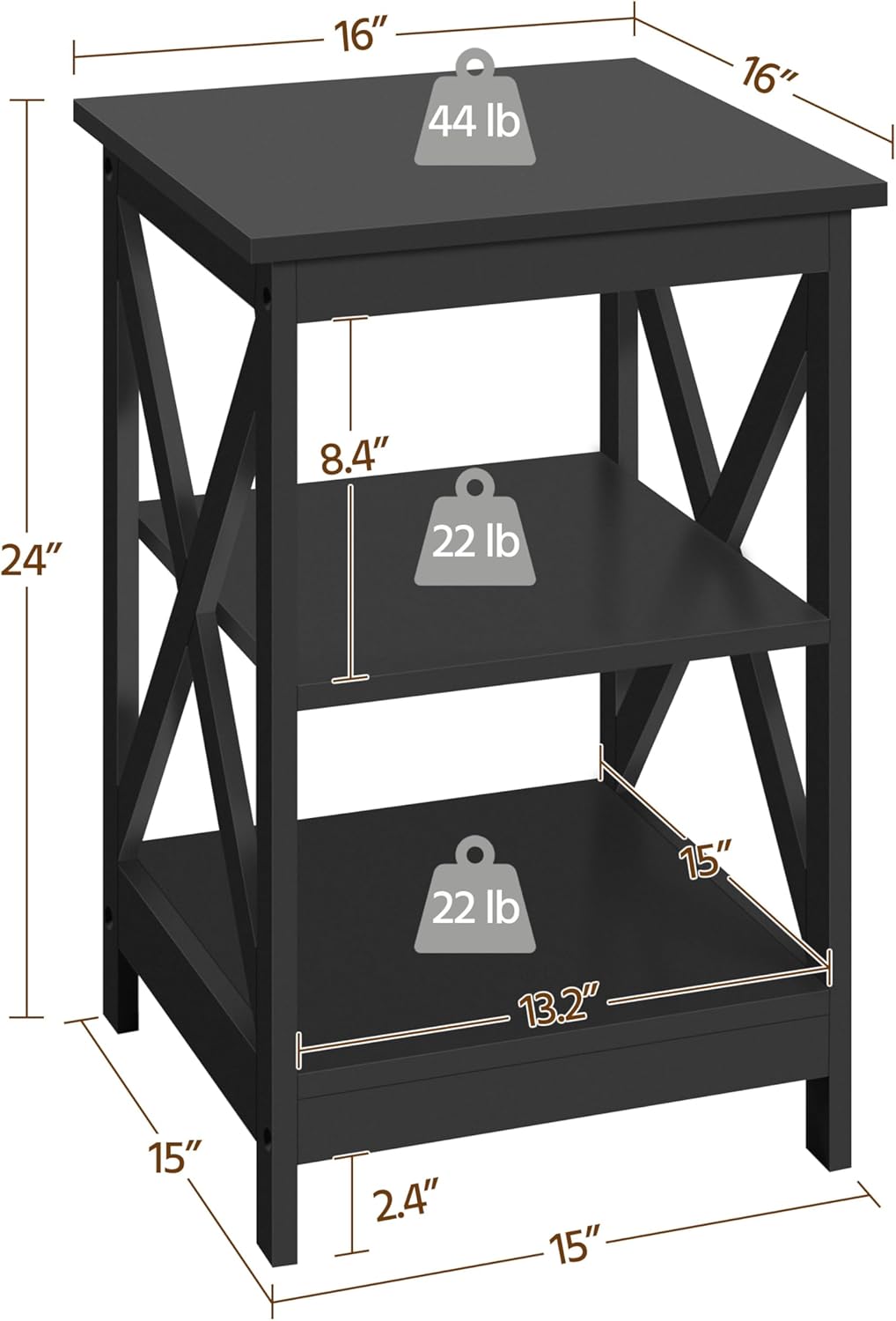 Yaheetech Black End Table Set of 2, 16x16x24 in Sturdy 3-Tier Side Tables with Storage Shelf & Solid Wood Legs, 2Pcs X-Design Modern Sofa Side Table for Living Room Office, Easy Assembly