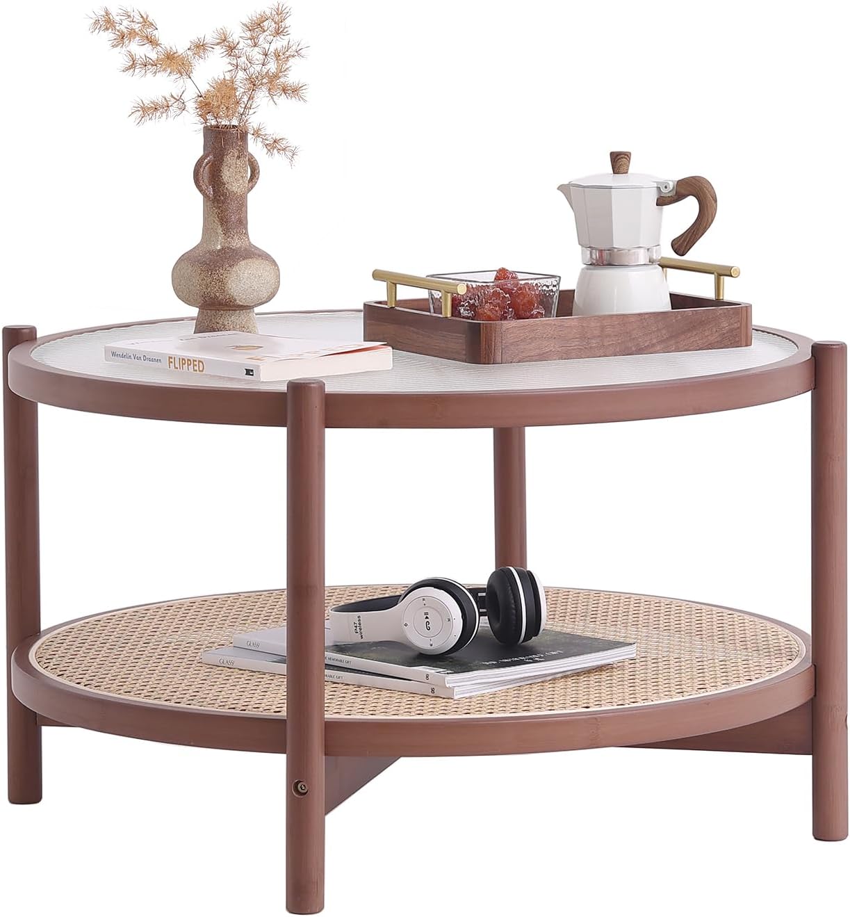 Tiita Rattan Coffee Table, Large Round End Table, 27.6 Inch Modern Side Table, Living Room Side Table, Glass Sofa End Table for Balcony and Office Outdoor/Indoor (Walnut)