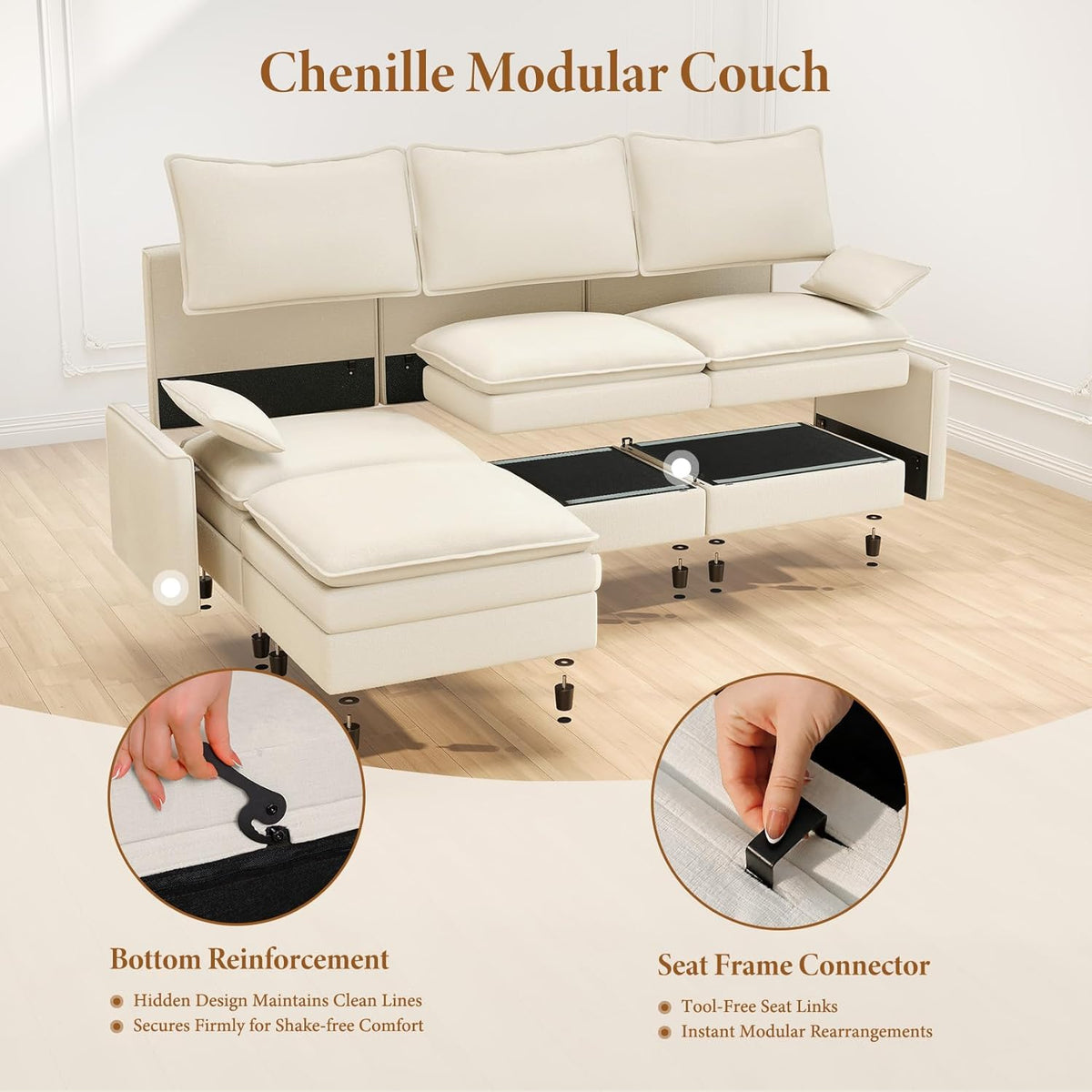 Vesgantti Large Modular Sectional Sofa, Big Comfy Cloud Couch with Ottoman Deep Seat Chenille Cloud Sofa, 9 Seater Large Sectional Couches for Living Room, Bedroom and Apartment, Beige