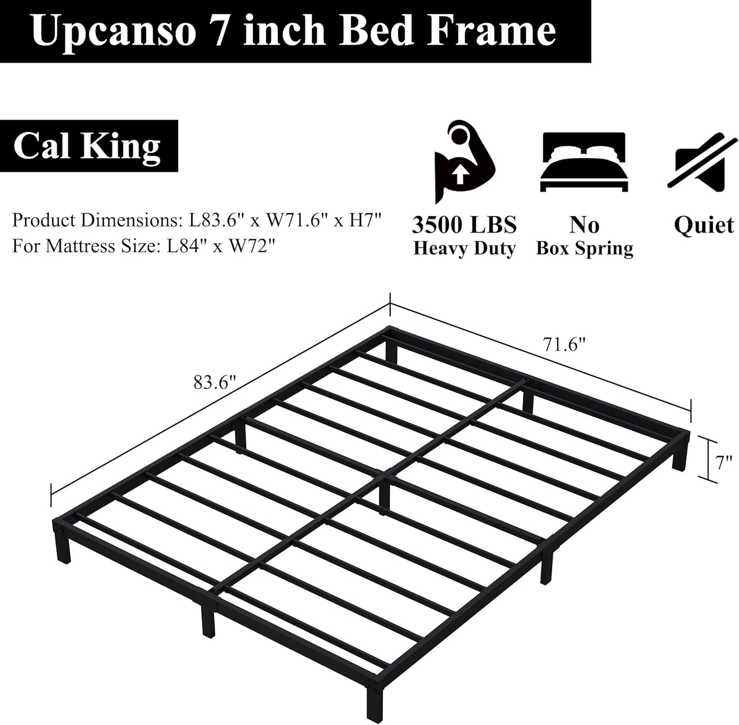 7 Inch California King Bed Frame No Box Spring Need, Low Profile Metal Platform Cal King Size Bed Frame, Heavy Duty Support Bedframes California King, Easy Assembly