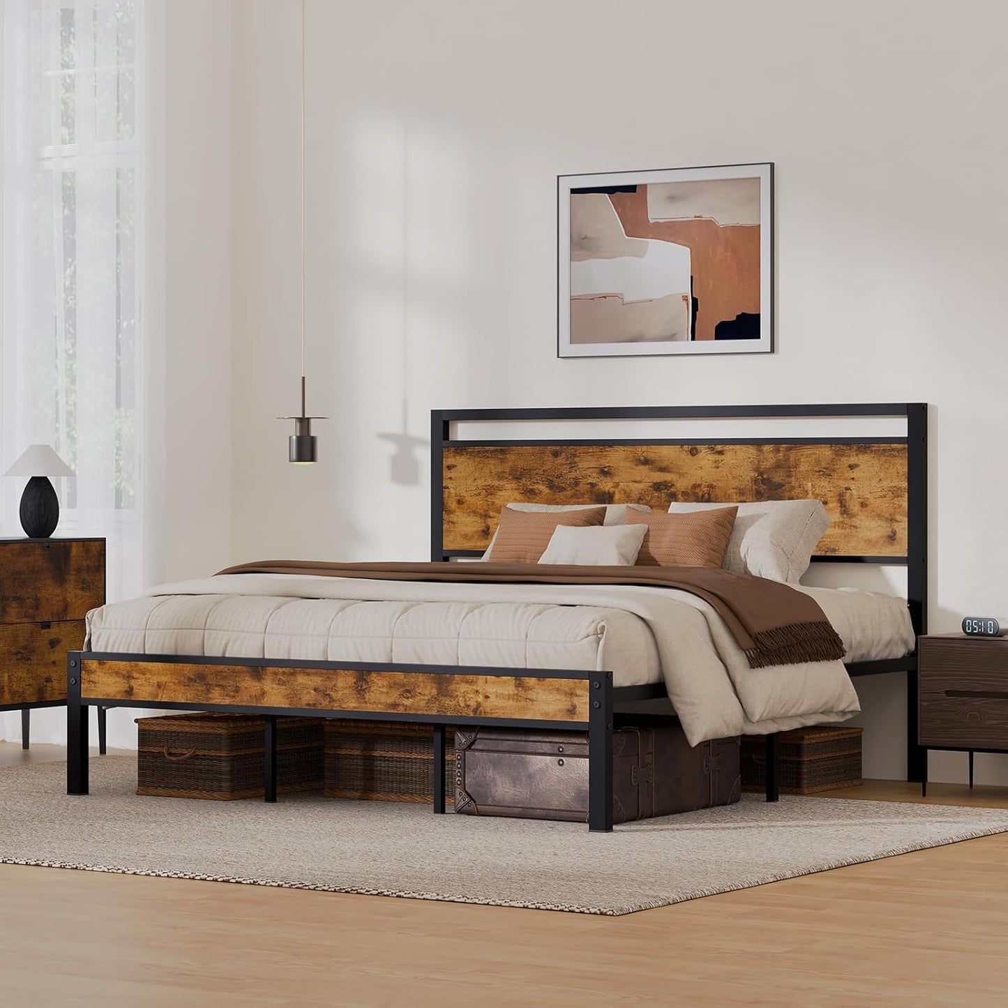 Z-hom Upgraded King Size Bed Frame, Heavy Duty Metal Sturdy King Bed Frame with Modern Wood Headboard & Footboard, Stable Platform Bed Furniture Bed Storage, No Noise, No Box Springs, Vintage Brown