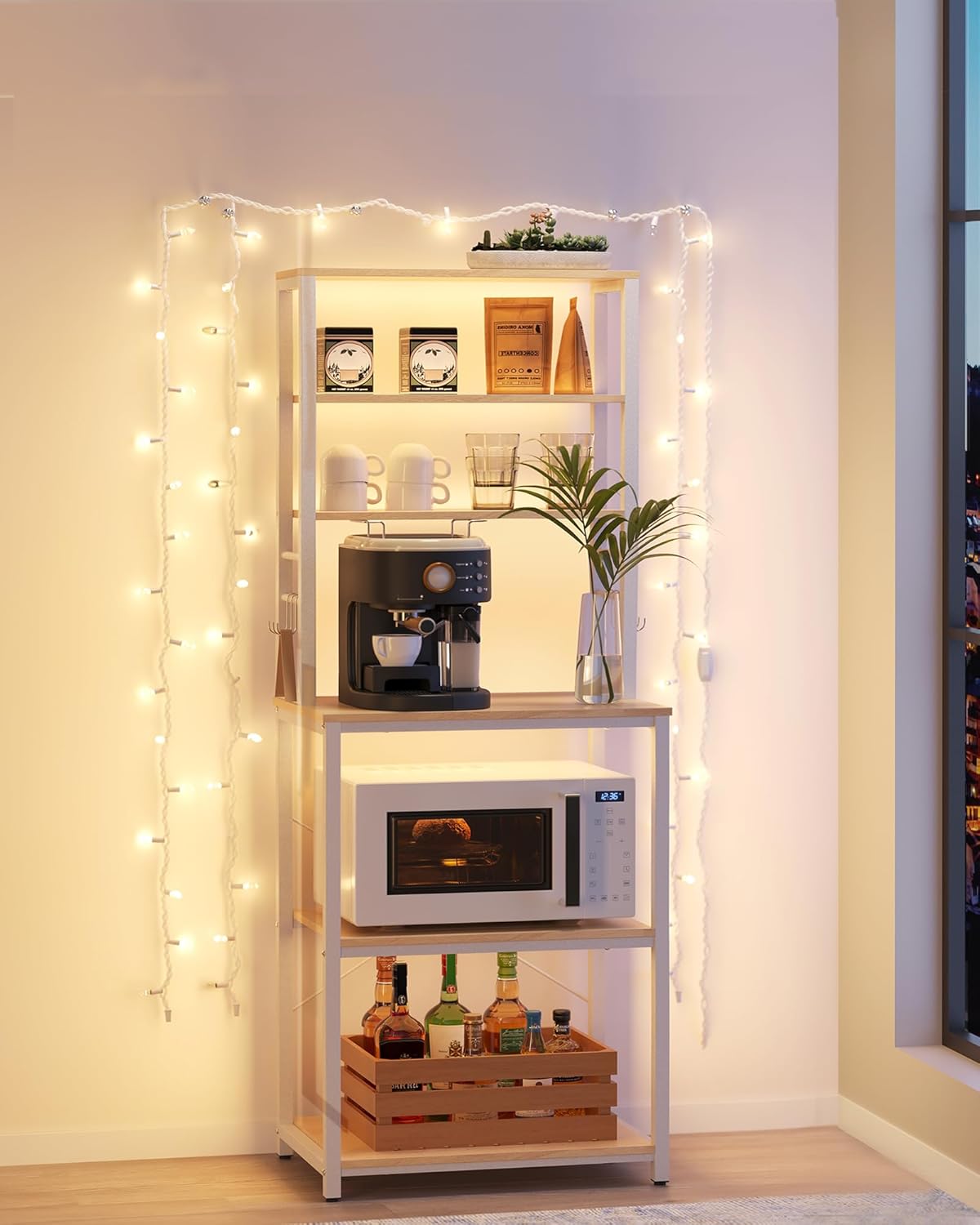 VASAGLE Coffee Bar, Baker’s Rack for Kitchen with Storage, 6-Tier Kitchen Shelves with 6 Hooks, Microwave Stand, Industrial, 15.7 x 23.6 x 65.7 Inches, Oak Color and White UKKS024W09