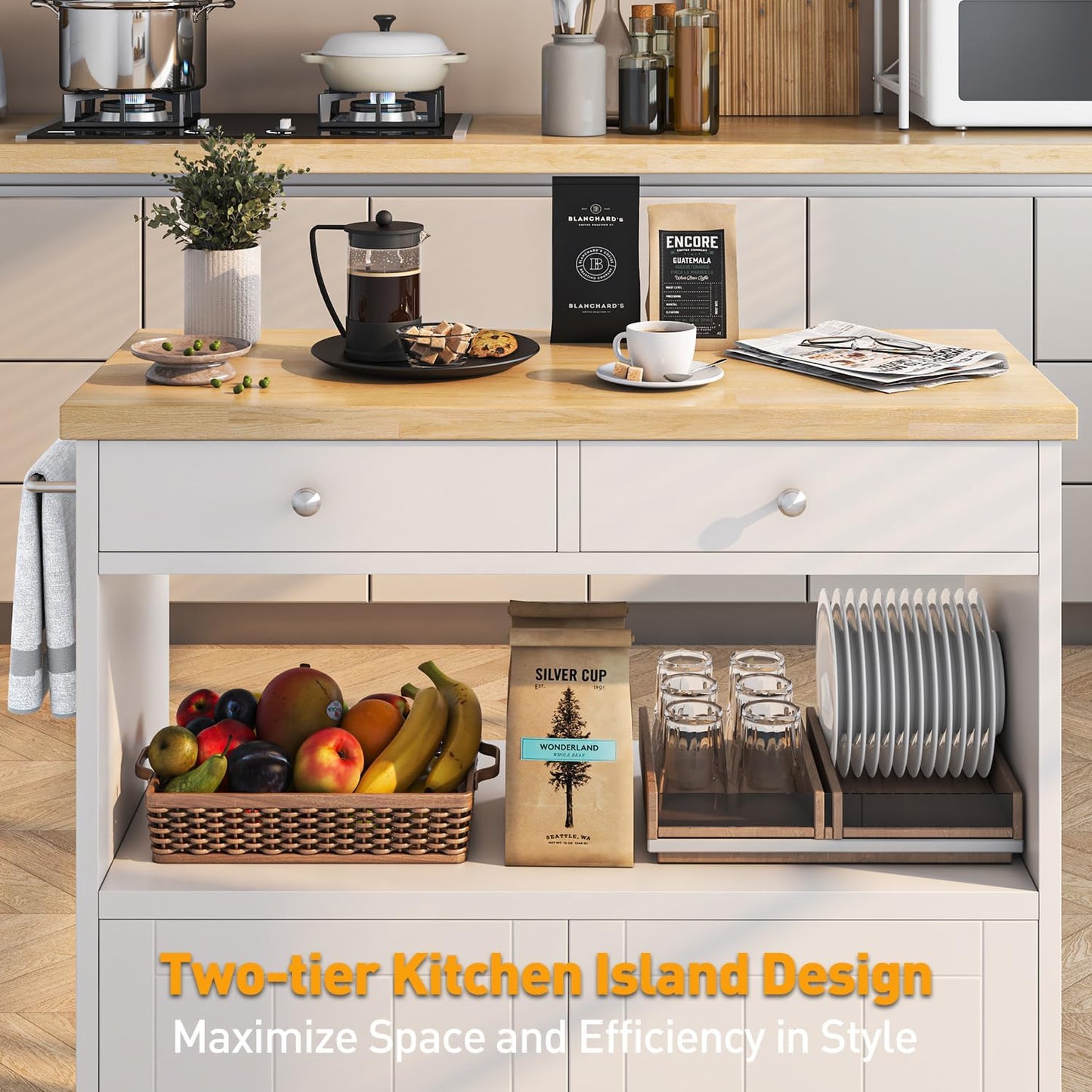 Rolling Kitchen Island with Storage Cabinet, 35.4'' Width Kitchen Cart, 2 Drawers Island Table, Portable Mobile Kitchen Island with Towel Rack, Wood Top and Lockable Wheels, White