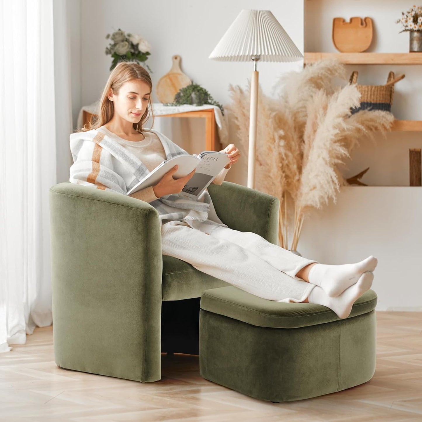 COLAMY Upholstered Velvet Barrel Accent Chair with Storage Ottoman, Morden Living Room Chair with Lounge Seat for Bedroom/Reading Spaces, Green