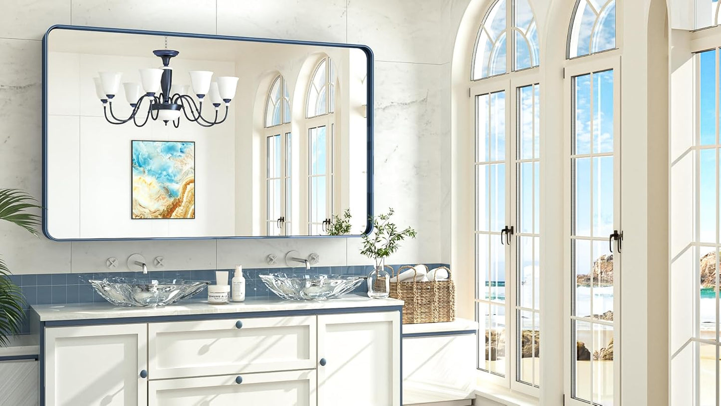 TokeShimi 60 x 36 Inch Blue Bathroom Vanity Mirror for Wall with Non-Rusting Aluminum Alloy Matte Metal Frame for Modern Farmhouse Home Decor (Horizontal/Vertical)