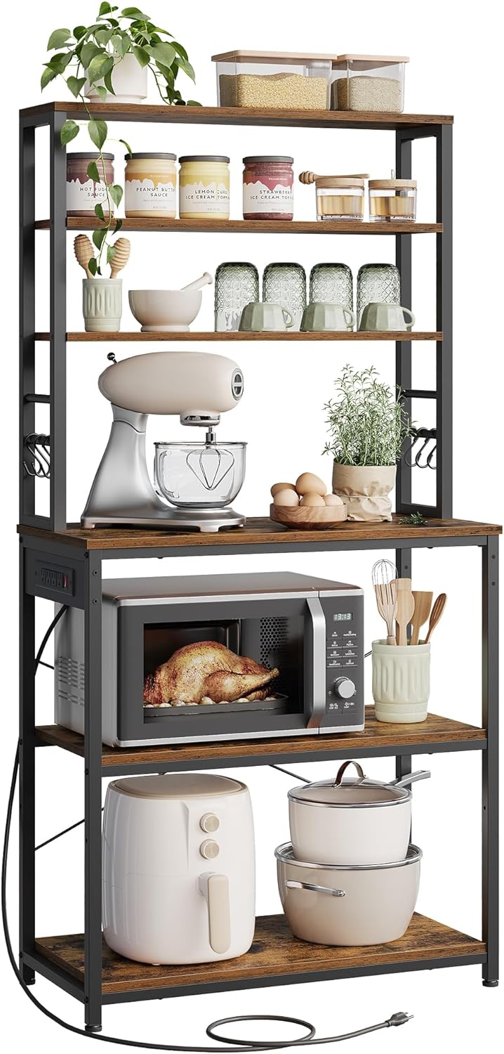 VASAGLE Bakers Rack with Power Outlet, 31.5 Inches Coffee Bar for Kitchen with Storage, 6-Tier Kitchen Shelves with 6 Hooks, Microwave Stand, Rustic Brown and Black UKKS119K01
