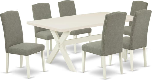 East West Furniture X027EN206-7 7 Piece Dining Room Furniture Set Consist of a Rectangle Dining Table with X-Legs and 6 Dark Shitake Linen Fabric Parsons Chairs, 40x72 Inch, Multi-Color