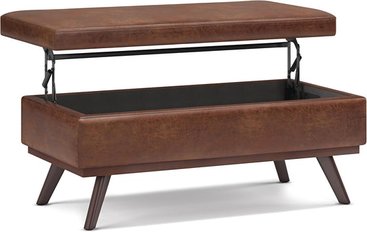 SIMPLIHOME Owen 42 inch Wide Mid Century Modern Rectangle Lift Top Large Coffee Table Storage Ottoman in Distressed Saddle Brown Vegan Faux Leather, Assembled, for the Living Room and Entryway