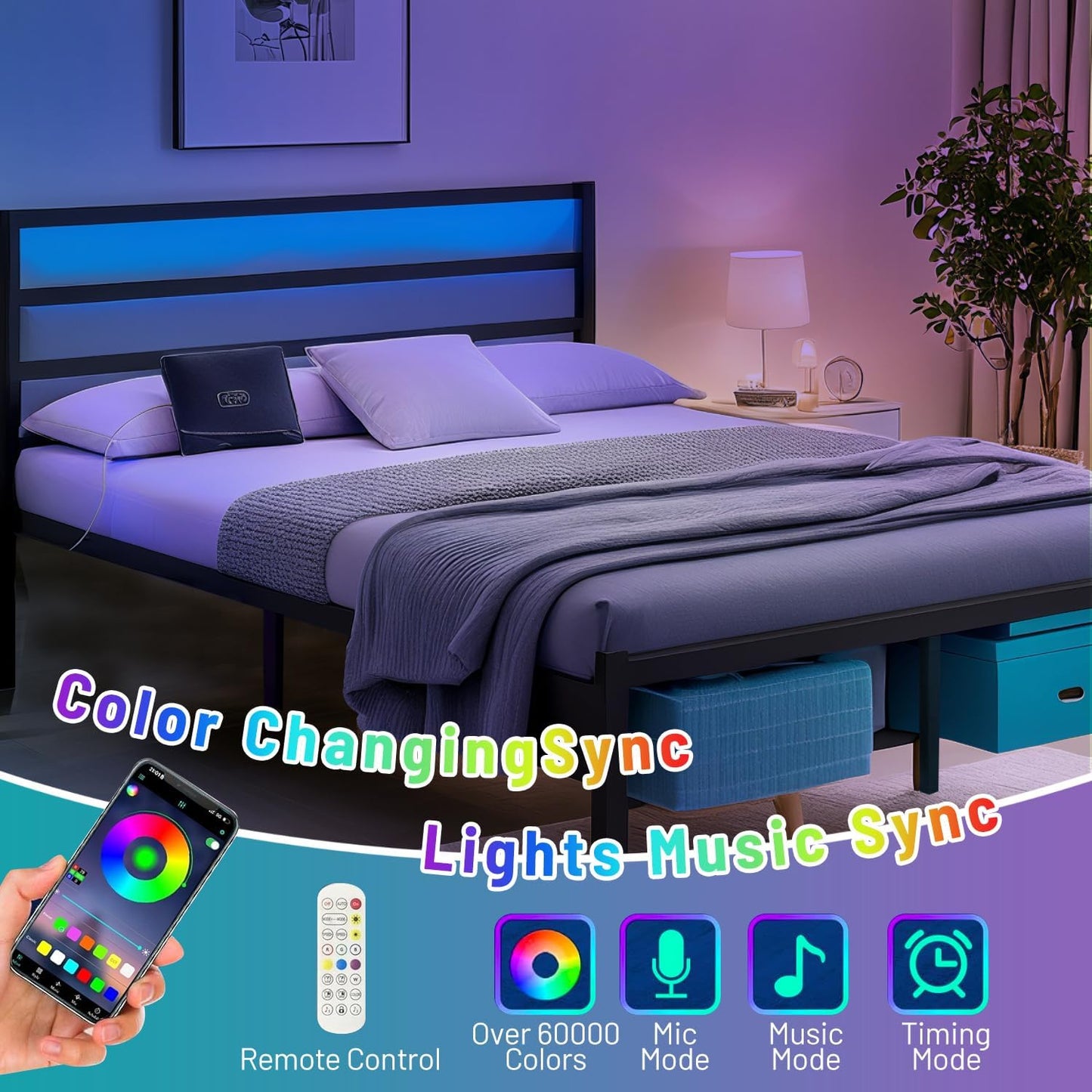 Queen Bed Frame with Headboard,Heavy Duty Steel Slats Support-LED Bed Frame with USB Charging Station,Mattress Foundation-Under Bed Storage,No Box Spring Needed,Noise Free，Black