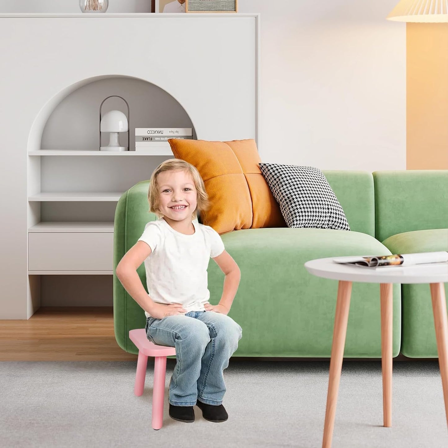 BEE&OAK Wooden Step Stools for Adults, Solid Rubber Wood Non-Slip Step Foot Stool, Heavy Duty 300 lbs One Step Stool for Bedroom, Bathroom, Kitchen (Pink, 9.25" (D) x 9.25"(W) x 8.86"(H))