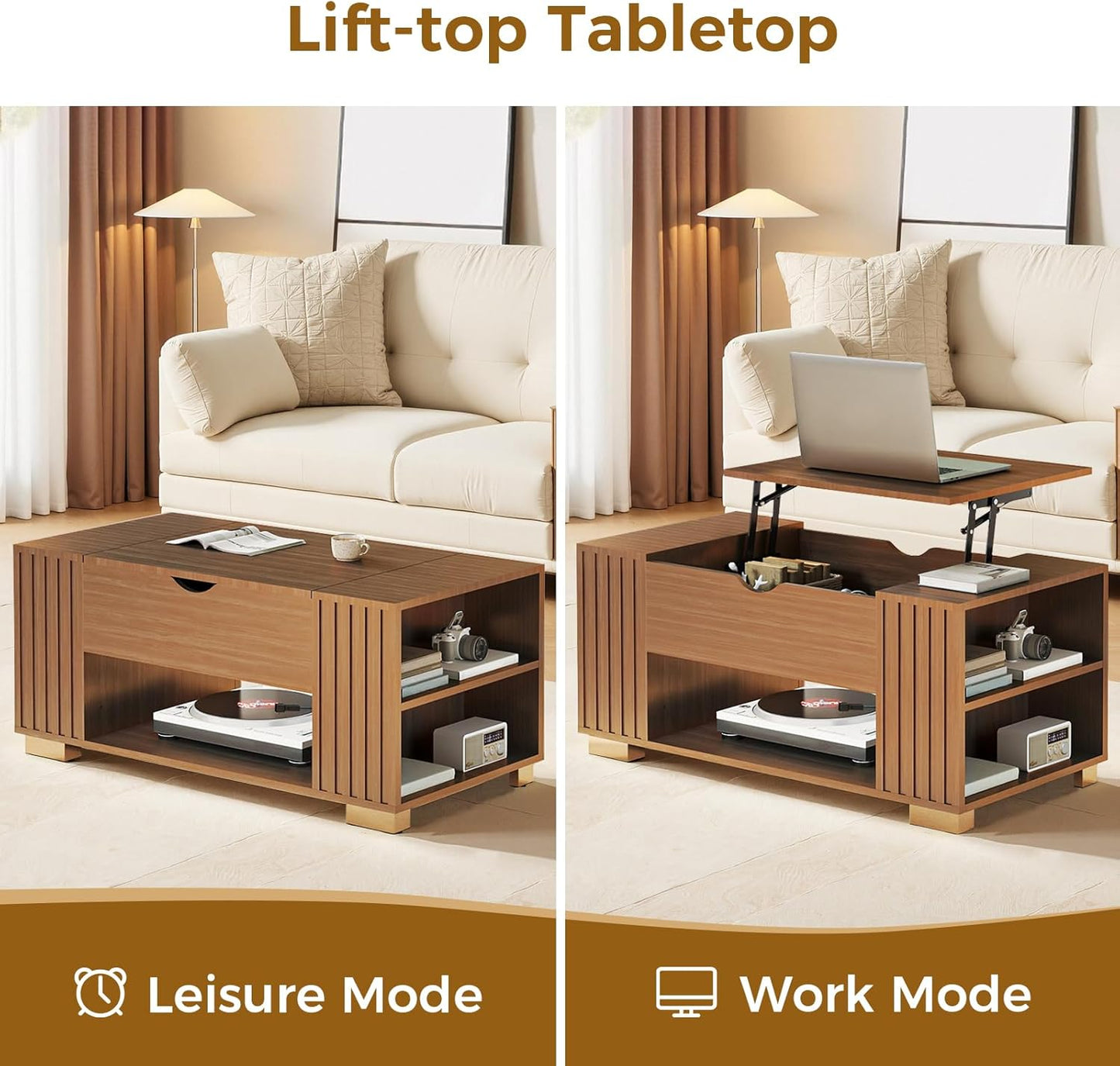 COMHOMA Lift Top Coffee Table for Living Room, 39" Center Table with Hidden Storage Compartment, Adjustable Wooden Tea Table for Small Spaces, Dark Walnut