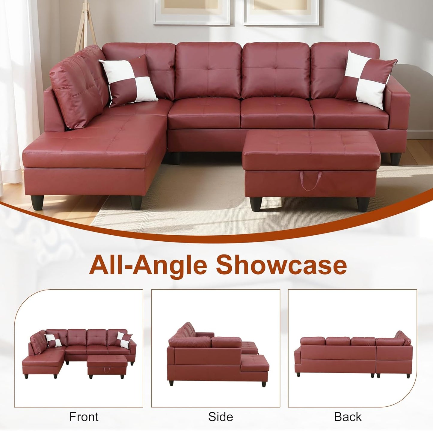 Osparple L Shaped Couch Faux Leather Sectional Couches for Living Room Upholstered 3 Pieces Modular Sectional Sofa with Chaise, Ottoman with Storage for Living Room and Small Apartment, Dark Red