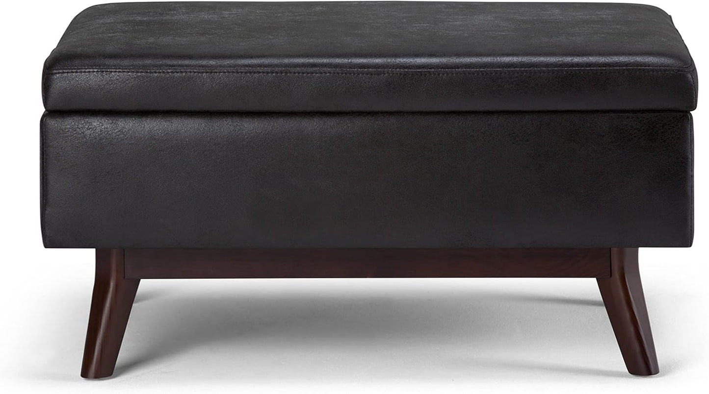 SIMPLIHOME Owen 34 inch Wide Mid Century Modern Rectangle Coffee Table Storage Ottoman in Distressed Black Vegan Faux Leather, Assembled, for the Living Room, Entryway and Family Room