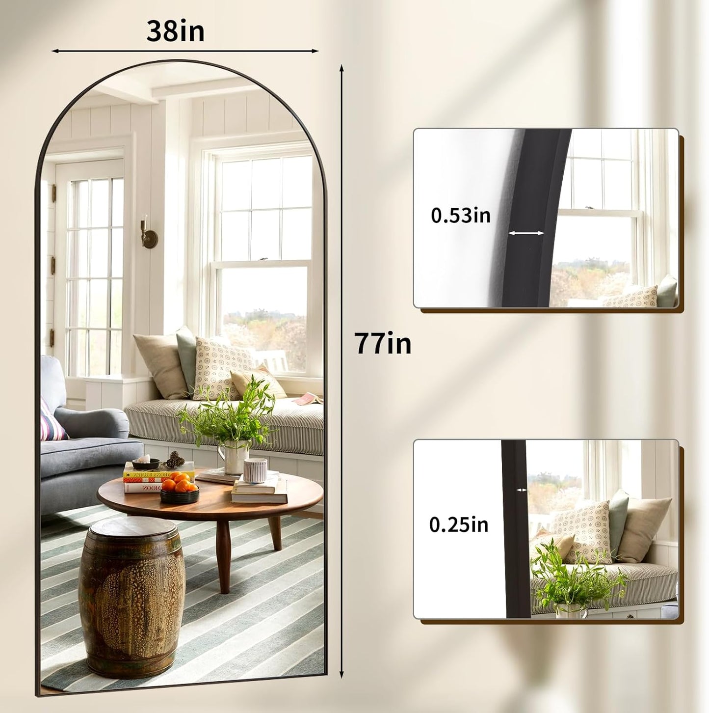 78"x38" Arched Full Length Mirror Floor Mirrors with Aluminum Alloy Frame Free-Standing Wall Mounted Floor Mirrors or Large Dressing Mirror, Black Mirror Full Length