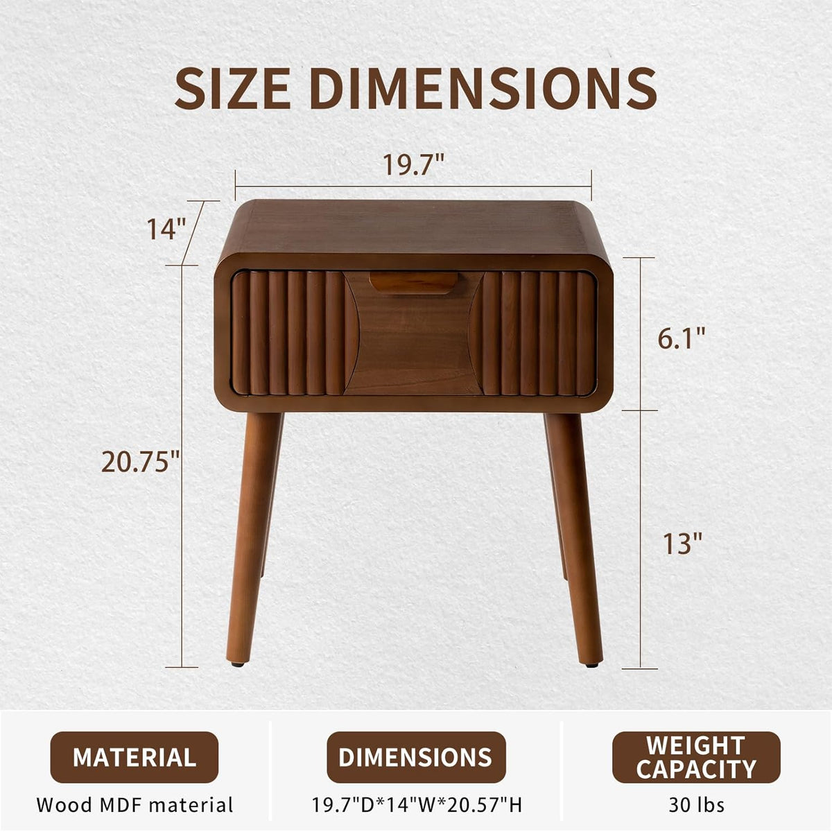 COSIEST Mid Century Modern Nightstand, MCM Vintage Bedside Table with Storage Drawer, Wood End Table for Bedroom, Living Room (Brown, Striped Pattern)