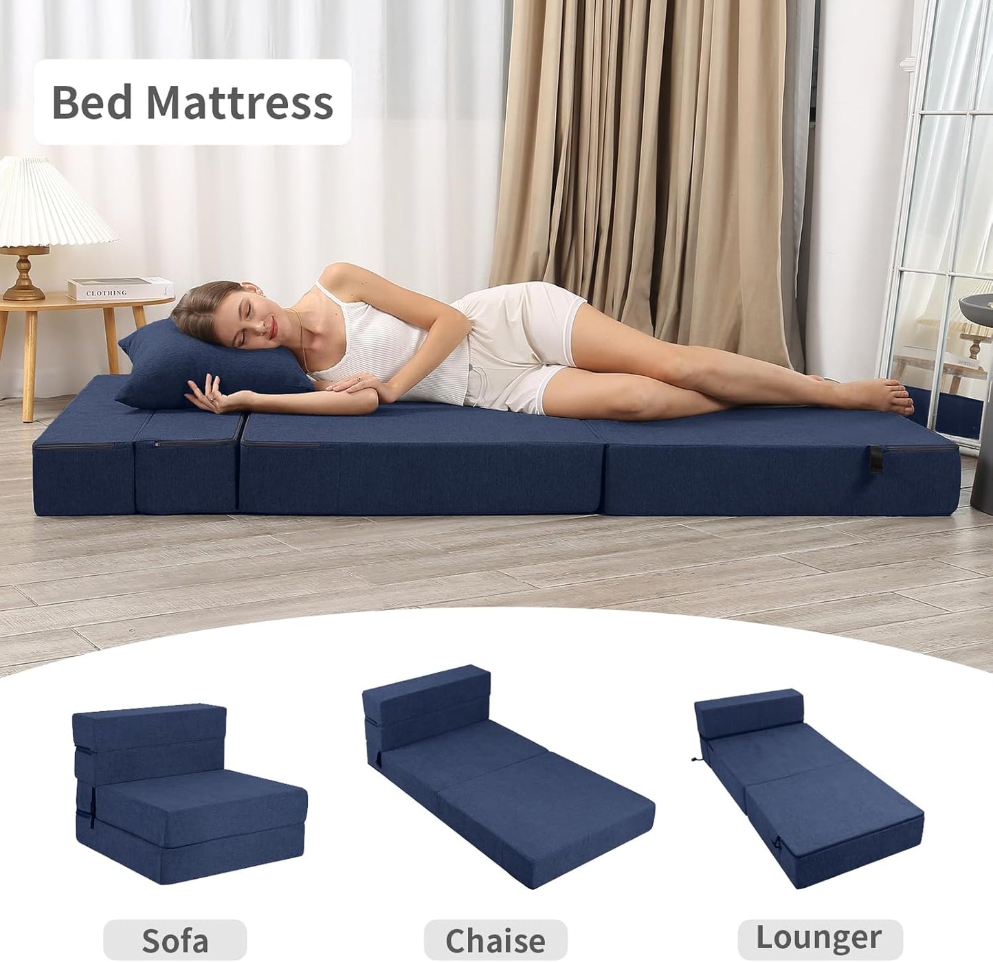 Folding Sofa Bed, High-Density Memory Foam Sofa with a Fluffy Pillow, Floor Couch Guest Bed, Single Size, Navy