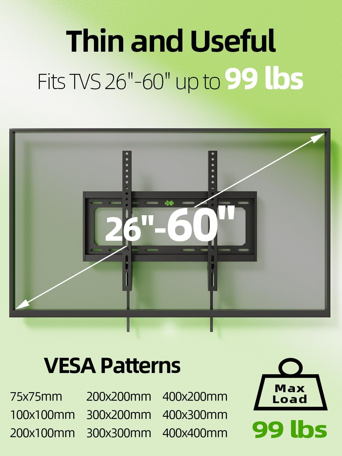 USX Mount Tilting TV Wall Mount Bracket Low Profile for Most 26"-60" LED, LCD, Flat Television, TV Bracket Tilt Mount for VESA 400x400mm- Up to 99lbs, Quick Lock and Release Fits 12" 16" Stud