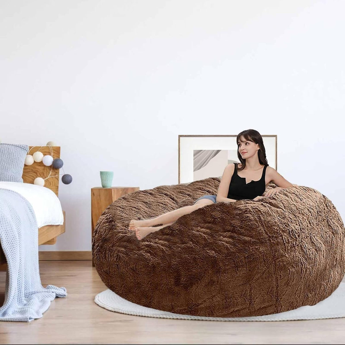 Bean Bag Chair for Adults Kids Without Filling Comfy Oversized Round Lazy Sofa Bean Bag Cover for Stuffed Animal Storage Bedroom Living Room Chairs, 6FT, Khaki