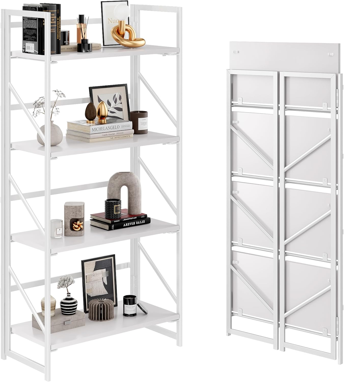 JSB No Assembly Folding Bookshelf, 4 Tier Industrial Metal Book Shelf for Storage, Vintage Wood Foldable Bookcase for Living Room, Bedroom, Office Organization Shelves