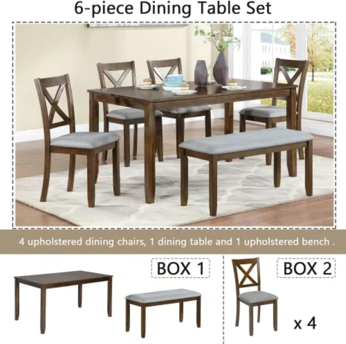 6-Piece Dining Table Set for 4-6 People, Kitchen Set with 4 Upholstered Chairs and One Bench, Living Room Chairs with X-Shape Backrest, Rectangular Wooden Table for Home Bar, Walnut