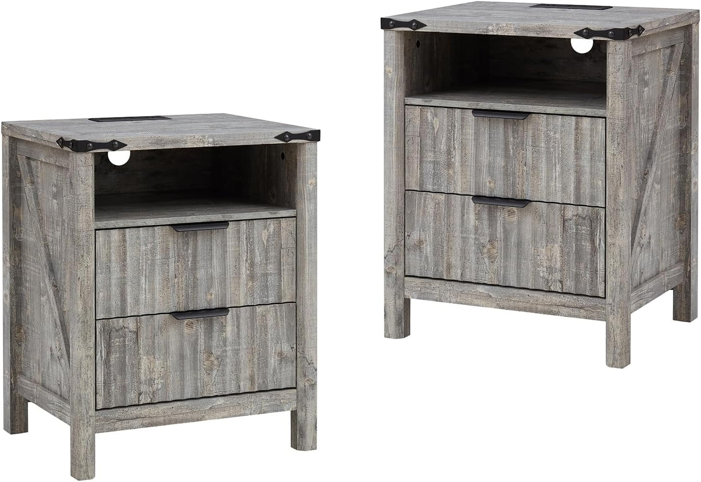 Grey Nightstand with Charging Station Set of 2-20 Inch Wide Farmhouse Fluted Bedside Table with 2 Drawers, Modern Wood End Side Table for Bedroom Study Storage Home