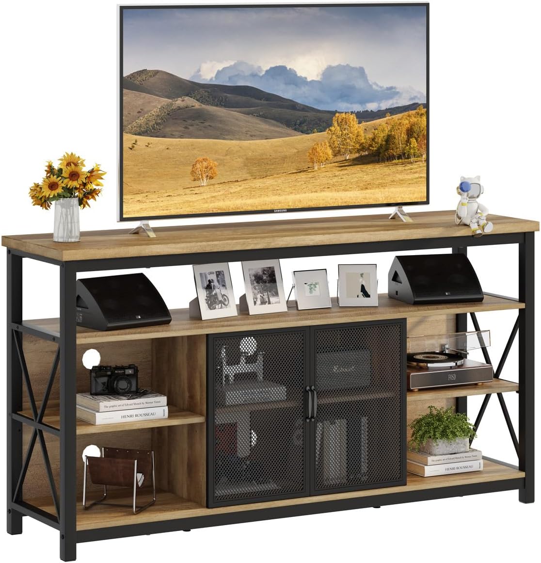 BON AUGURE Tall TV Stand for 65 55 Inch TVs, Industrial Entertainment Center with Storage Cabinet, Wood Farmhouse TV Media Console for Living Room and Bedroom (32 Inch High, Vintage Oak)