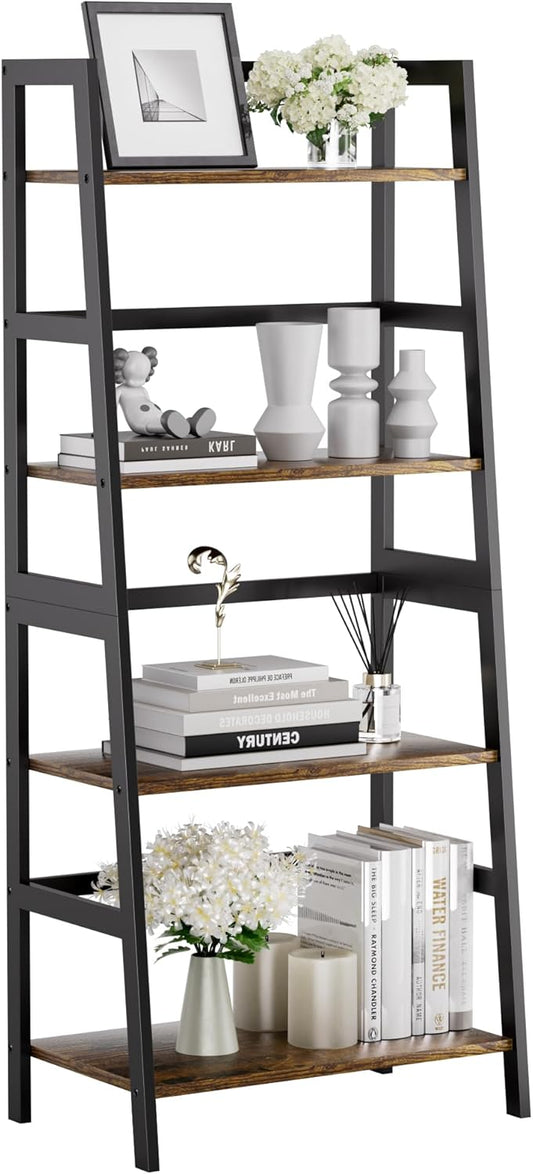 HITNET Ladder Shelf, 4 Tier Bookshelf with Bamboo Frame, Freestanding Bathroom Storage Shelving Unit for Living Room, Home Office, Bedroom, Rustic Brown and Black