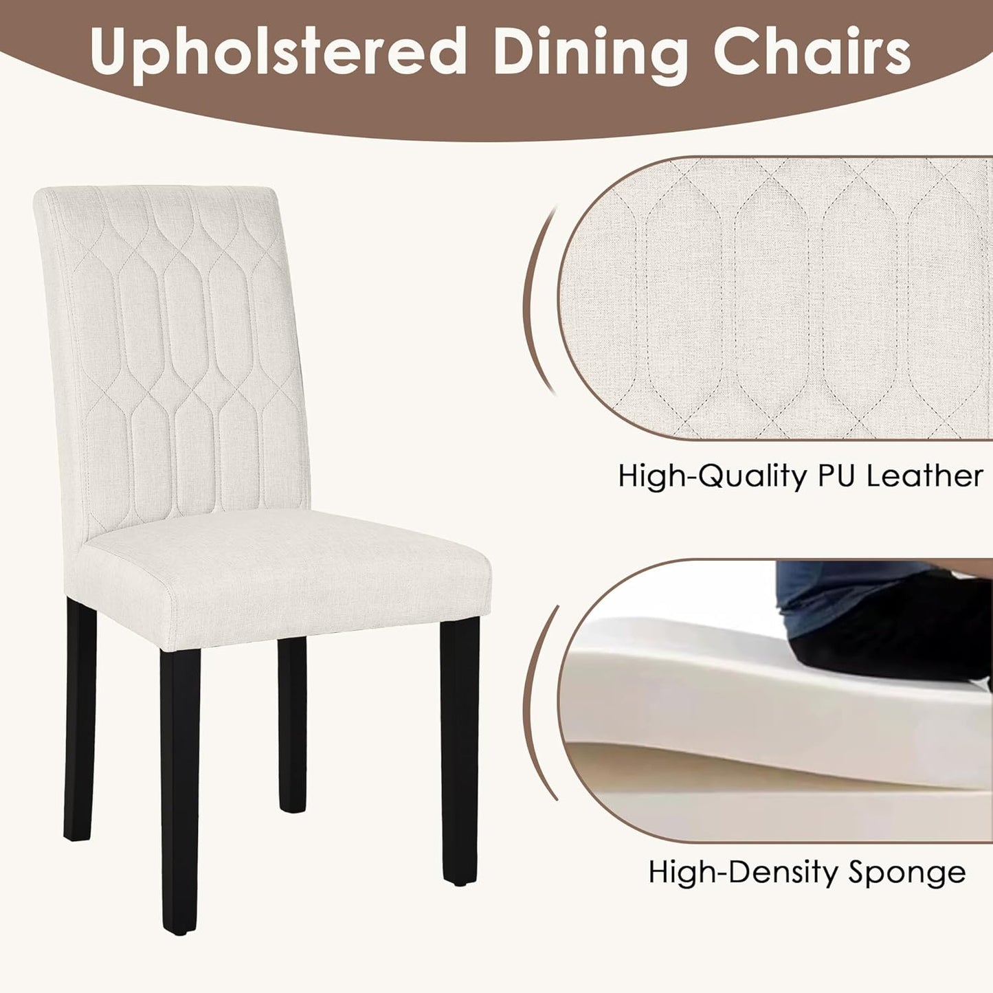 VECELO Upholstered Dining Chairs Set of 2, Modern Accent Parsons with Comfort Seat, Solid Wood Legs w/Rubber Footpads, for Living Room Kitchen, Beige