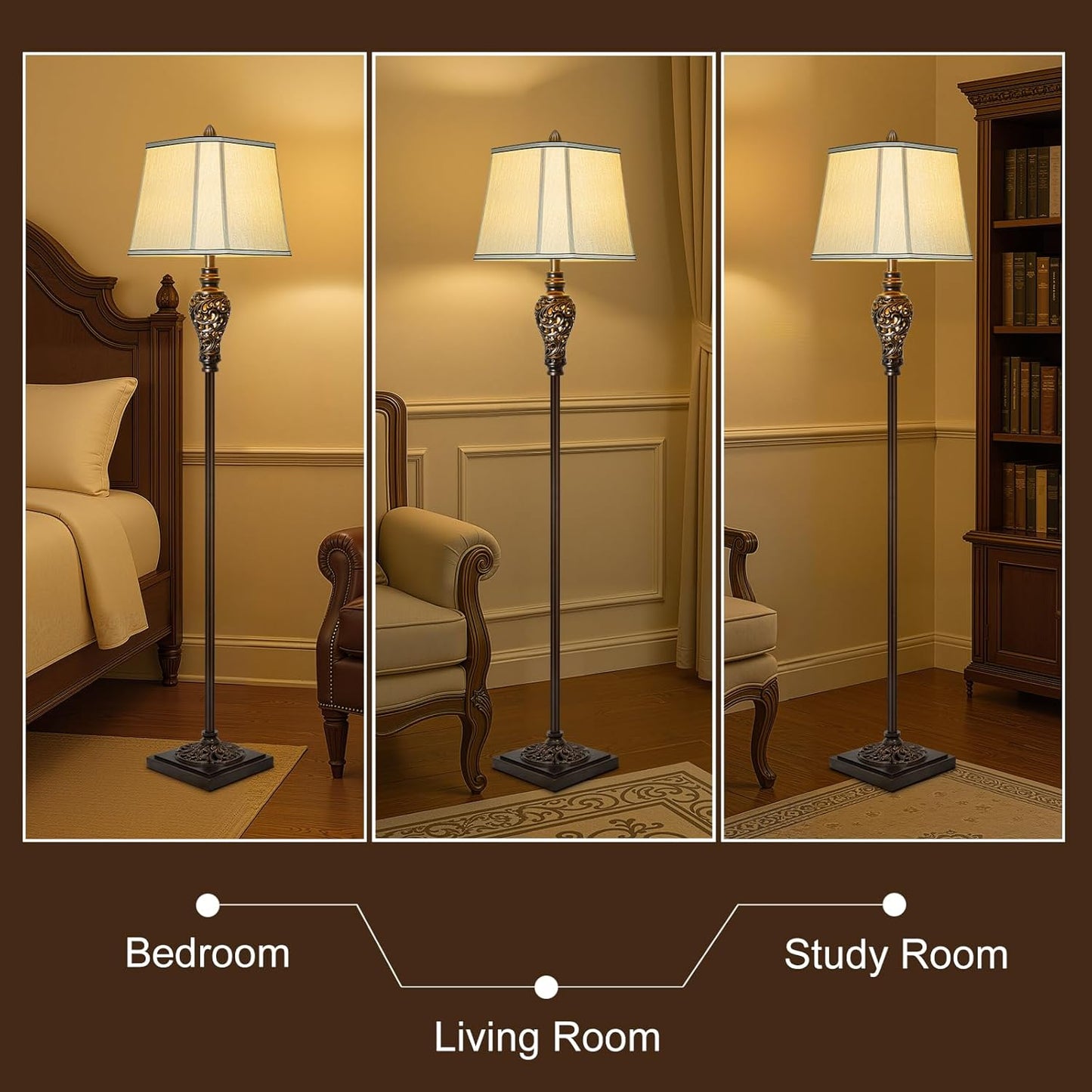 Vintage Floor Lamp with Night Light, 65" Retro Standing Lamp with Brown Finish and Beige Faux Silk Shade, Farmhouse Industrial Design Tall Lamp for Living Room Bedroom Bedside Corner (Bulb Included)