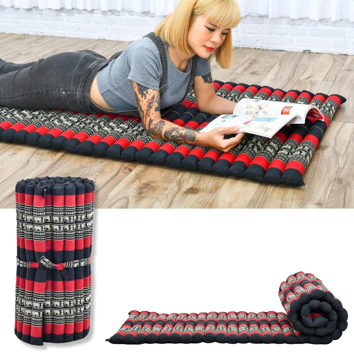 Leewadee - Foldable Floor Mattress - Japanese Roll Up Futon -Trifold Tatami Mat- Guest Floor Bed - Camping Mattress - Thai Massage Mat, Kapok Filled, 75 x 28 inches, Black Red