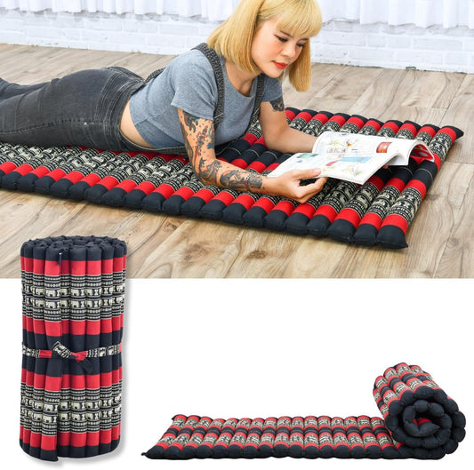Leewadee - Foldable Floor Mattress - Japanese Roll Up Futon -Trifold Tatami Mat- Guest Floor Bed - Camping Mattress - Thai Massage Mat, Kapok Filled, 75 x 28 inches, Black Red