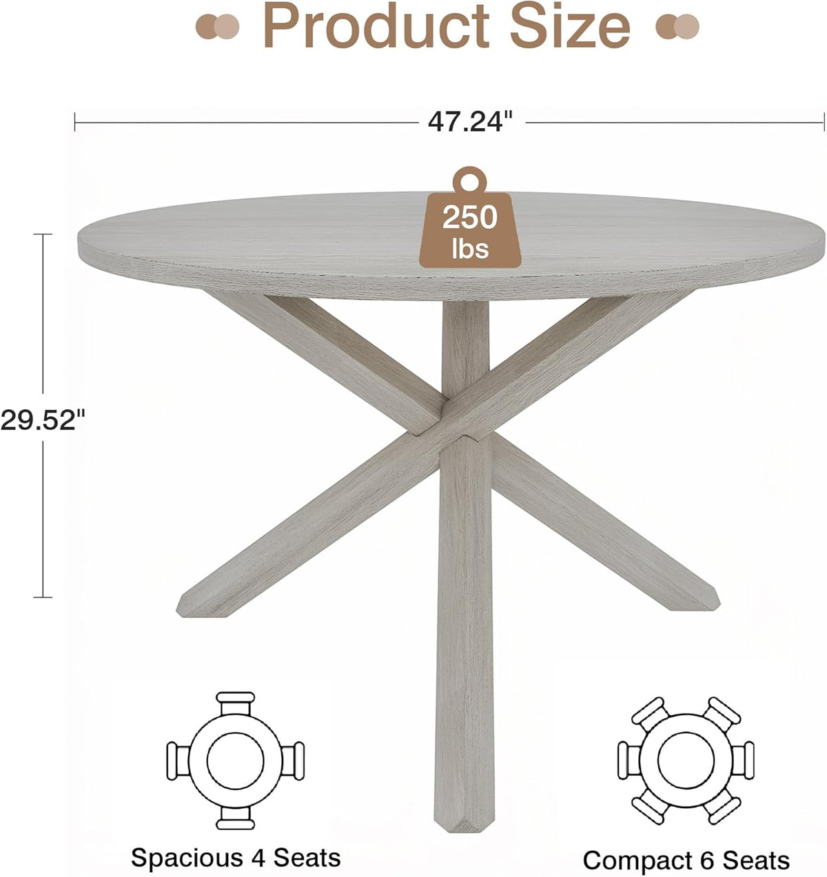 Peatuk Round Solid Wood Dining Table, Part of Dining Table Set, Mix and Match Table, Chair Sold Separately for Dining Room, Kitchen, Grey