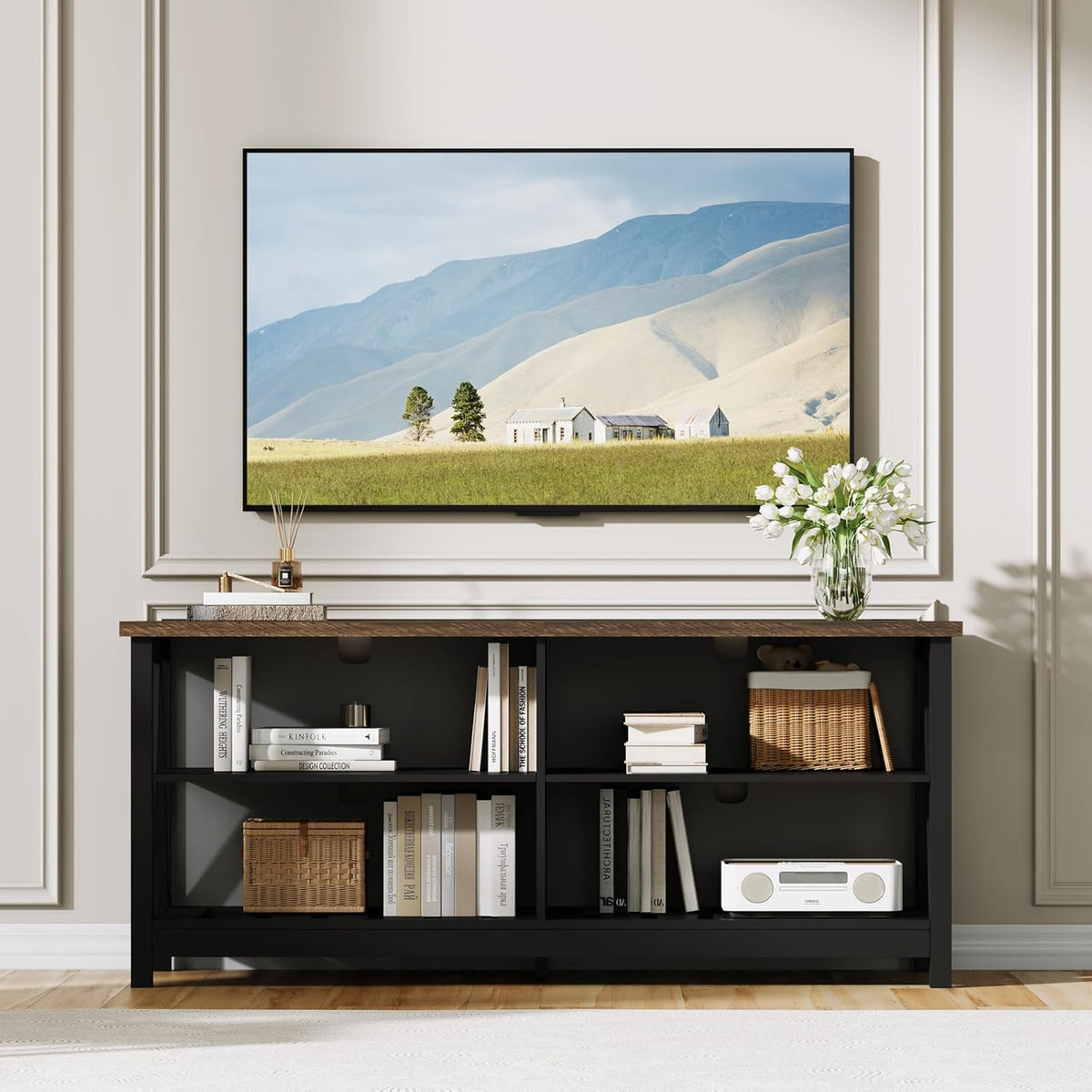 ChooChoo Farmhouse TV Stand for TVs up to 55 Inch, Modern Entertainment Center with 4 Open Shelves & Built-in Cable Holes, Media TV Console for Living Room, Bedroom, Black