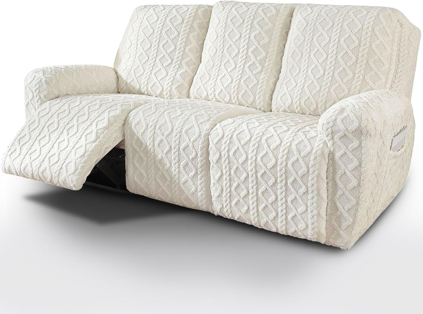 vctops 8 Pieces Geometric Jacquard Plush Recliner Sofa Covers Soft Fuzzy Fluffy 3 Seats Couch Cover Anti-Slip Sofa Slipcover Furniture Protector with Elastic Bottom for Kids Pet(Cream,3 Seat)