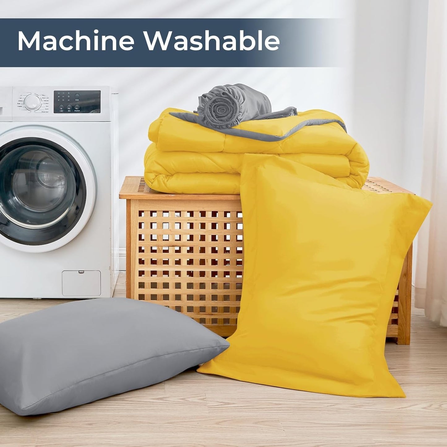 HEVUMYI Twin Comforter Set - 5-Piece All Season Bed in a Bag Twin, Ultra Soft Bedding Set with Comforter, Flat Sheet, Fitted Sheet, Pillowcases, Pillow Shams, Yellow & Light Grey