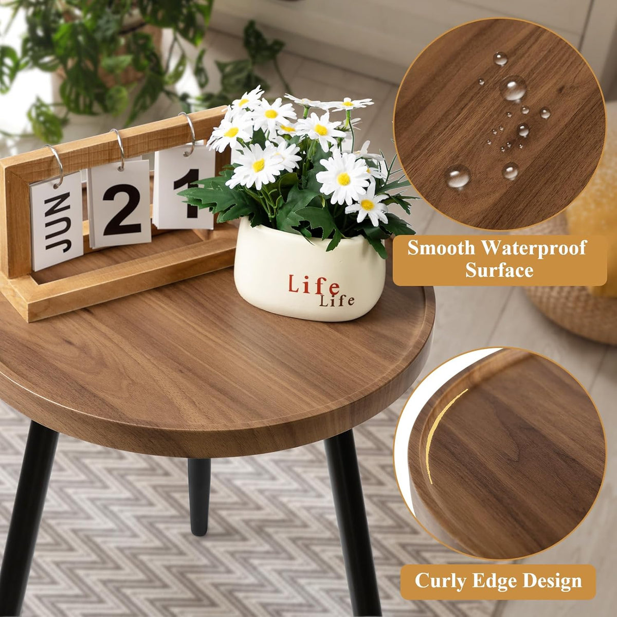 danpinera Round Side Table, Metal Legged Accent Table with Wooden Tray, Small Round End Table for Living Room, Bedroom, Nursery, Brown & Black