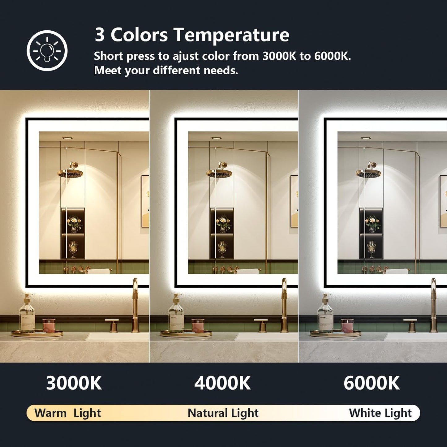 24x36 Inch LED Bathroom Mirror with Lights (Front Lit and Backlit) Black Framed Lighted Vanity Mirror for Bathroom Wall Dimmable Anti-Fog Memory Tempered Glass Horizontal/Vertical