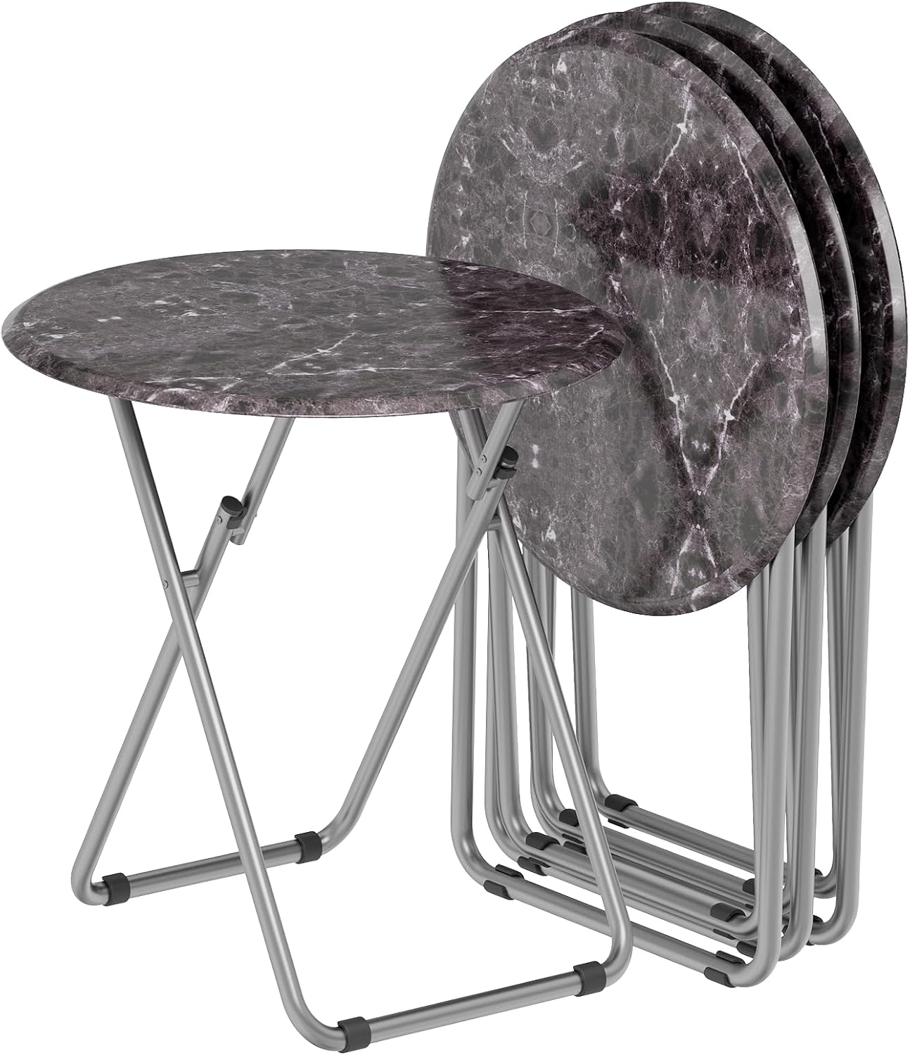 Folding Round TV Tray Table Set of 4, TV Dinner Table with Sturdy MDF Top, Eating Trays for Living Room with No Assembly Required, 17.5 x 17.5 x 26 in (Black Marble, 4Pcs)